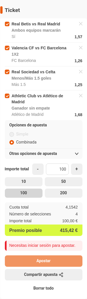 Boleto de la múltiple de la jornada de LaLiga EA Sports en Luckia, con cuota combinada 4,15