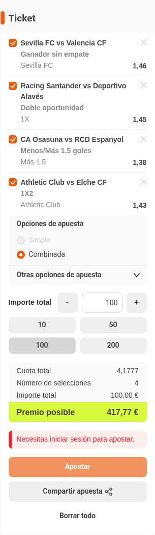 Boleto de la múltiple de la jornada de LaLiga EA Sports en Luckia, con cuota combinada 4,18