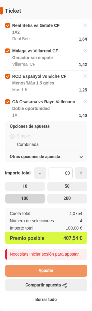 Boleto de la múltiple de la jornada de LaLiga EA Sports en Luckia, con cuota combinada 4,10