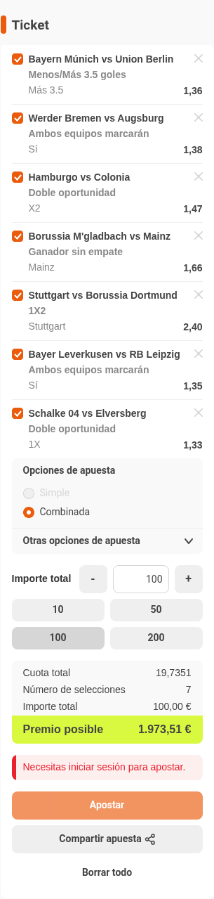 Boleto de la múltiple de la jornada de Bundesliga en Luckia, con cuota combinada 19,74