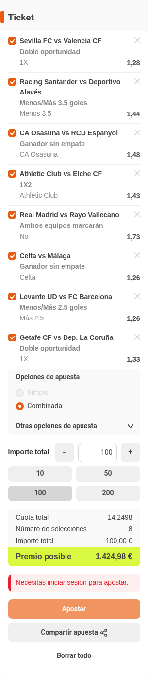 Boleto de la múltiple de la jornada de LaLiga EA Sports en Luckia, con cuota combinada 14,25