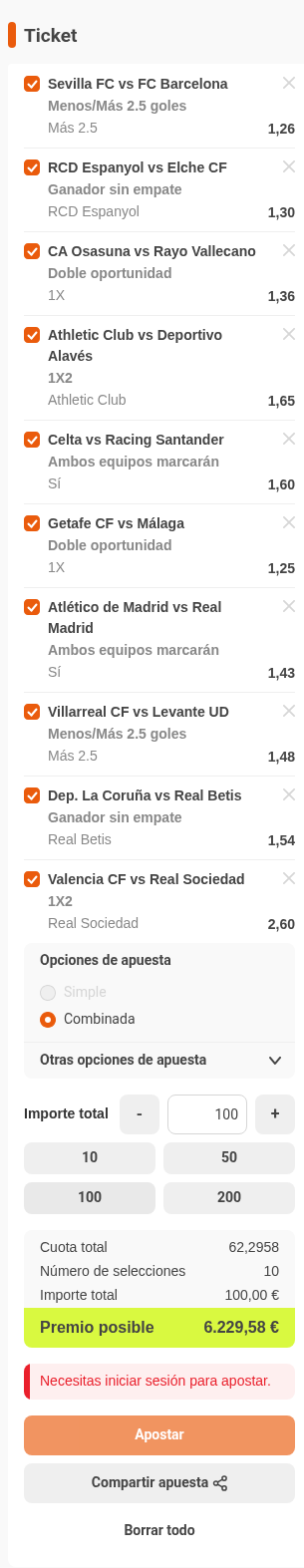 Boleto de la múltiple de la jornada de LaLiga EA Sports en Luckia, con cuota combinada 62,30