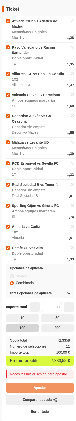 Boleto de la múltiple de la jornada de la Quiniela en Luckia, con cuota combinada 72,34