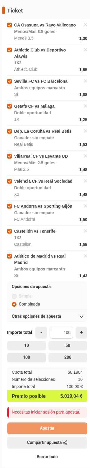 Boleto de la múltiple de la jornada de la Quiniela en Luckia, con cuota combinada 50,84