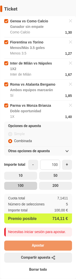 Boleto de la múltiple de la jornada de Serie A en Luckia, con cuota combinada 7,14