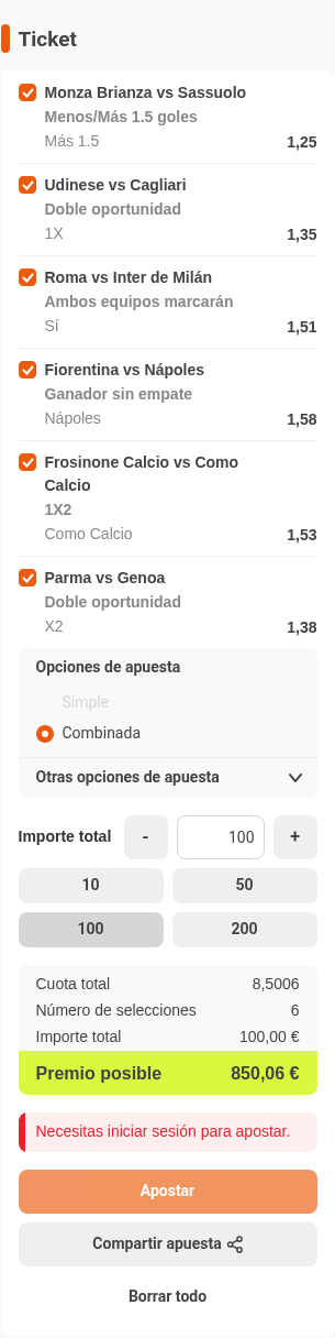 Boleto de la múltiple de la jornada de Serie A en Luckia, con cuota combinada 8,50