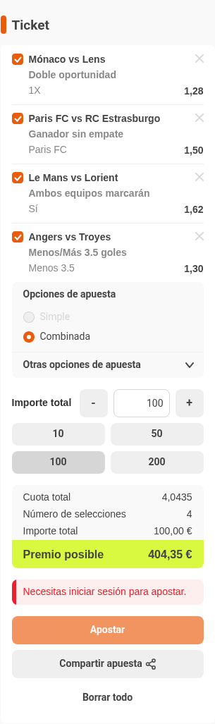 Boleto de la múltiple de la jornada de Ligue 1 en Luckia, con cuota combinada 4,04