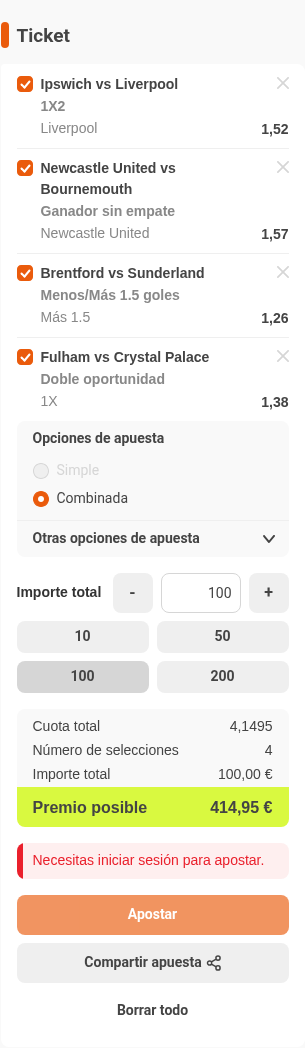 Boleto de la múltiple de la jornada de Premier League en Luckia, con cuota combinada 4,18