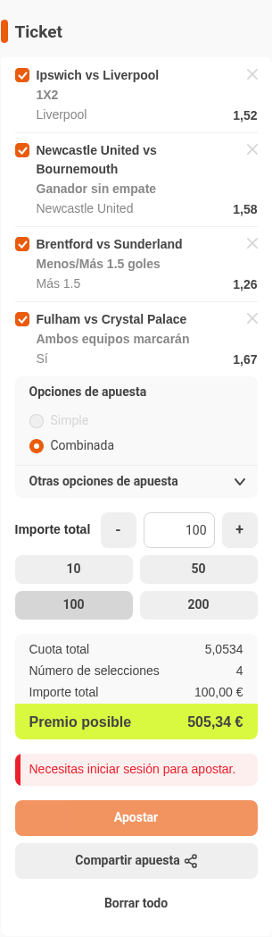 Boleto de la múltiple de la jornada de Premier League en Luckia, con cuota combinada 5,05