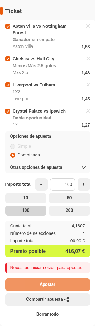Boleto de la múltiple de la jornada de Premier League en Luckia, con cuota combinada 4,16