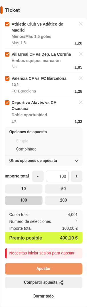 Boleto de la múltiple de la jornada de la Quiniela en Luckia, con cuota combinada 4,00