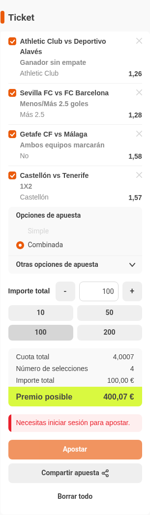 Boleto de la múltiple de la jornada de la Quiniela en Luckia, con cuota combinada 4,00