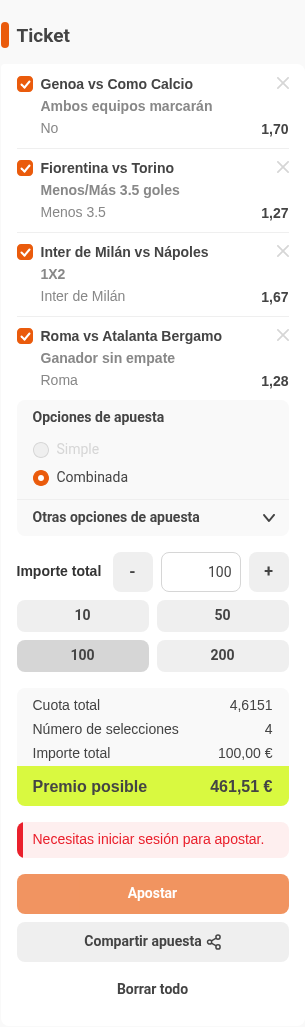 Boleto de la múltiple de la jornada de Serie A en Luckia, con cuota combinada 4,62