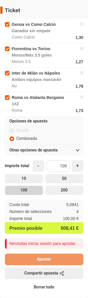 Boleto de la múltiple de la jornada de Serie A en Luckia, con cuota combinada 5,08