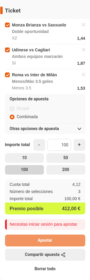 Boleto de la múltiple de la jornada de Serie A en Luckia, con cuota combinada 4,12