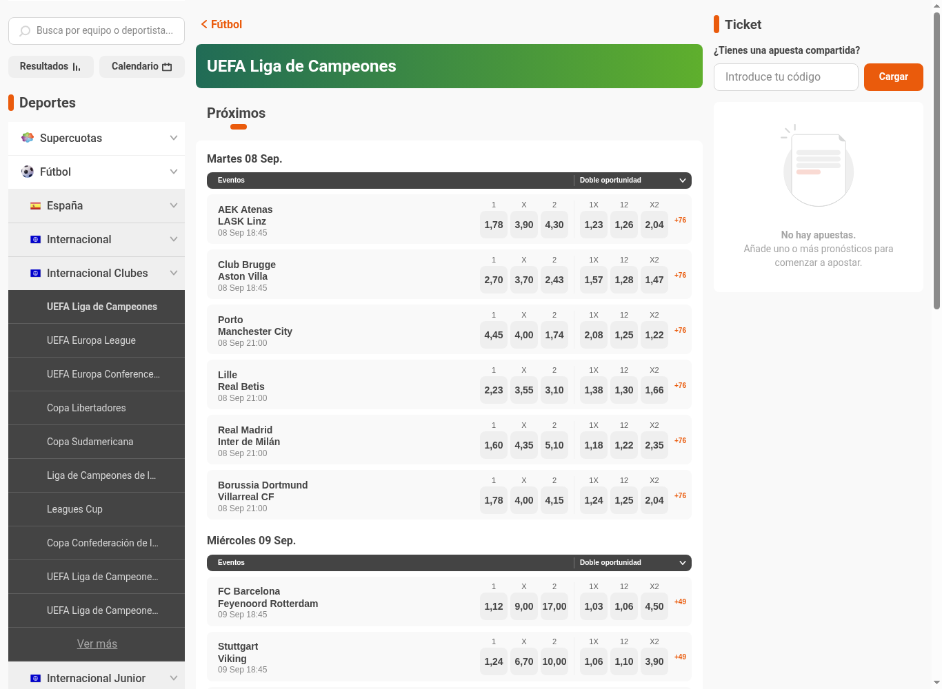 Cuotas de la Champions League en Luckia